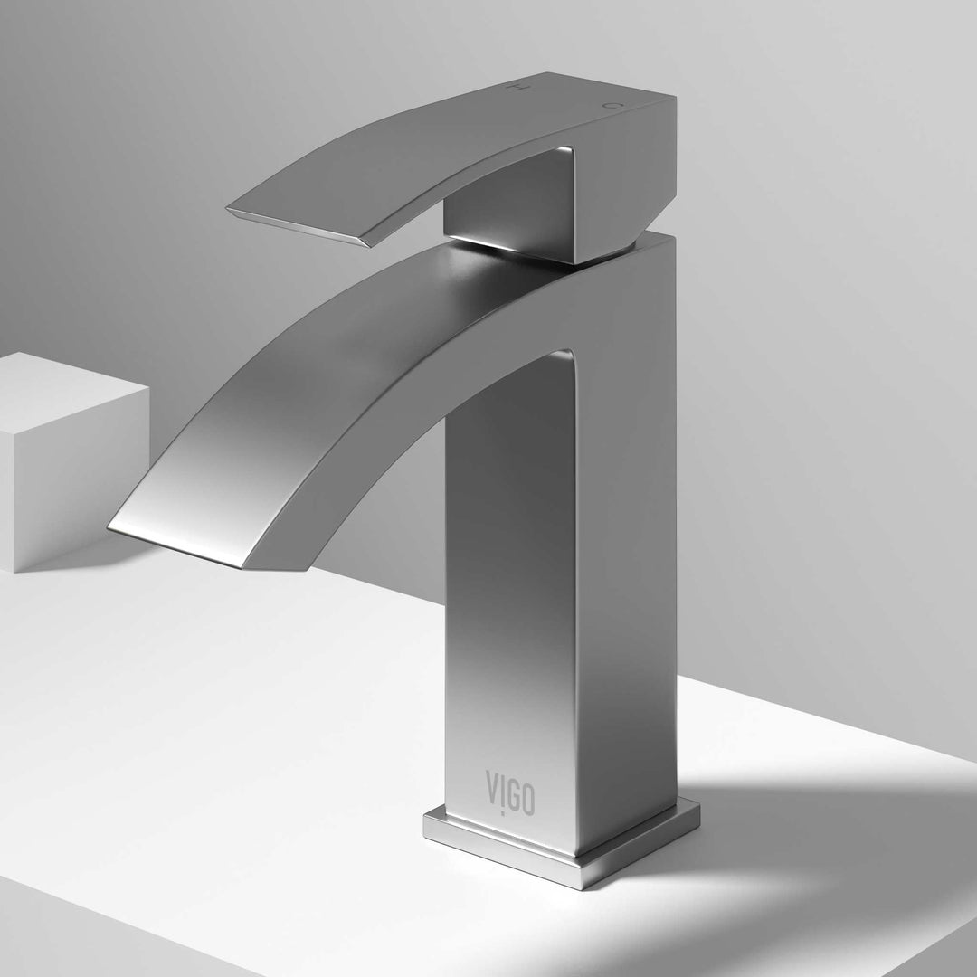 Brushed nickel waterfall faucet featuring easy installation and low flow design