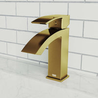 Matte brushed gold single hole bathroom faucet with lever handle and waterfall spout