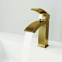 Waterfall spout bathroom faucet in matte brushed gold finish with hot/cold indicators