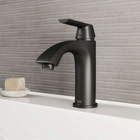 VIGO Penela matte black single-hole bathroom faucet with curved spout and lever handle, installed in modern bathroom