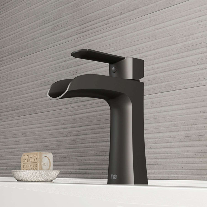 VIGO Paloma Single Handle Single Hole Bathroom Faucet in Matte Brushed Gold with waterfall spout and ergonomic design