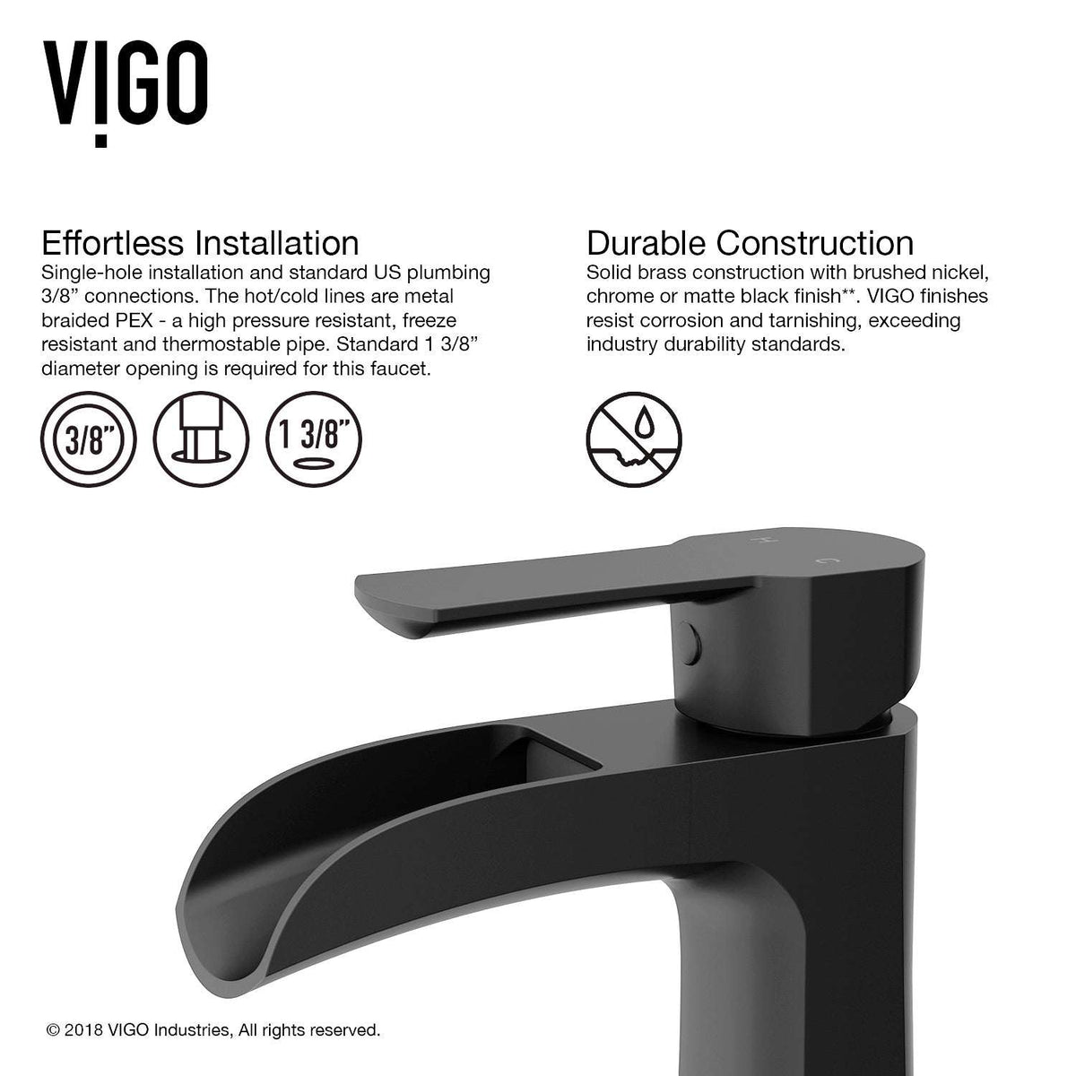 VIGO Paloma Single Handle Single Hole Bathroom Faucet in Matte Brushed Gold with waterfall spout and ergonomic handle