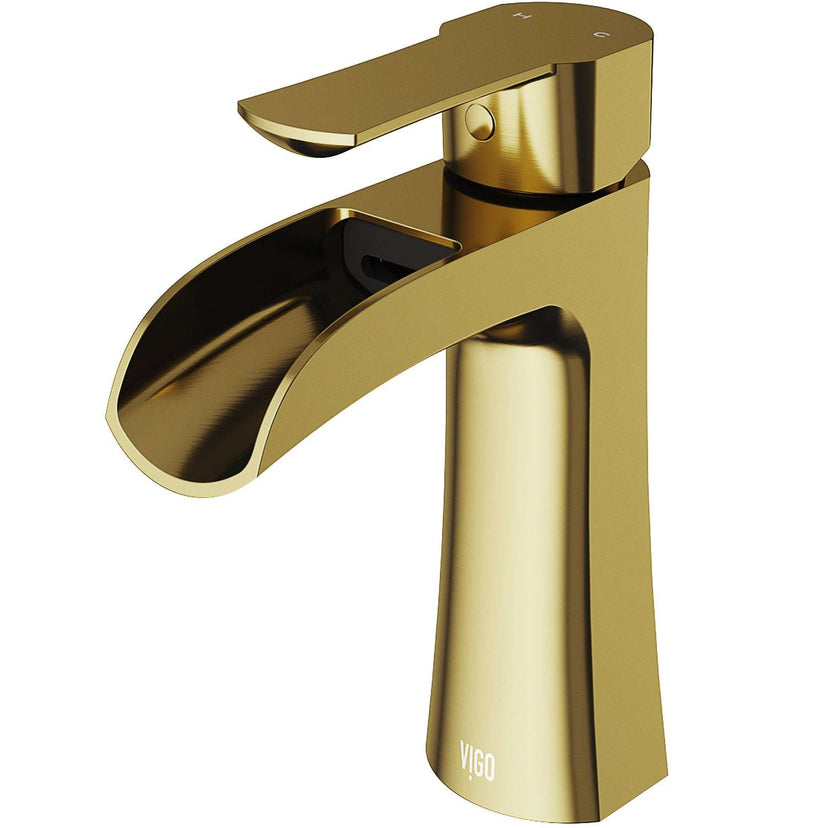 VIGO Paloma single handle single hole bathroom faucet in matte brushed gold with waterfall spout and ergonomic handle