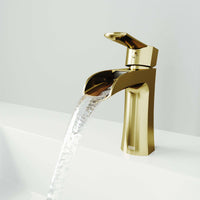 Matte brushed gold Paloma single handle single hole bathroom faucet with waterfall spout and ergonomic handle