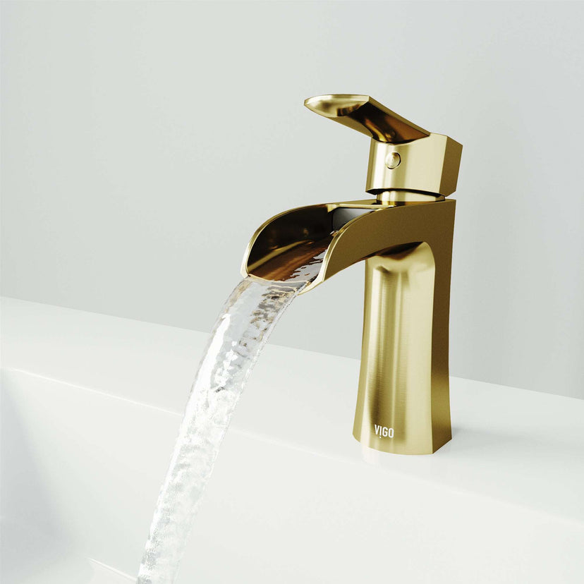 Matte brushed gold Paloma single handle single hole bathroom faucet with waterfall spout and ergonomic handle