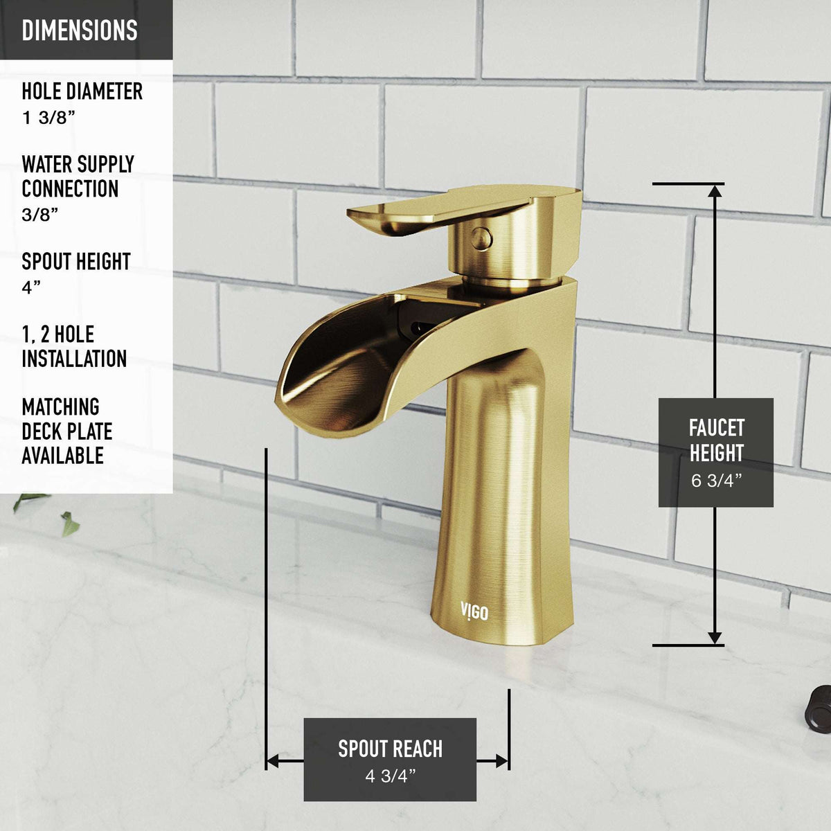 VIGO Paloma Single Hole Bathroom Faucet in MatBrushed Gold with waterfall spout and single handle