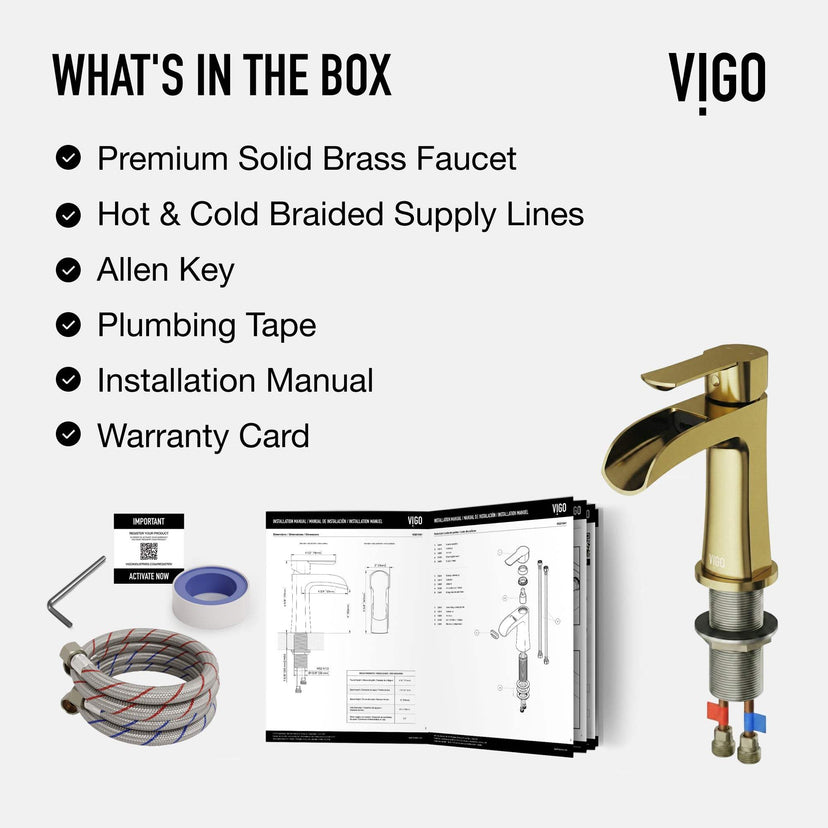VIGO Paloma single handle single hole bathroom faucet in matte brushed gold with waterfall spout and modern design