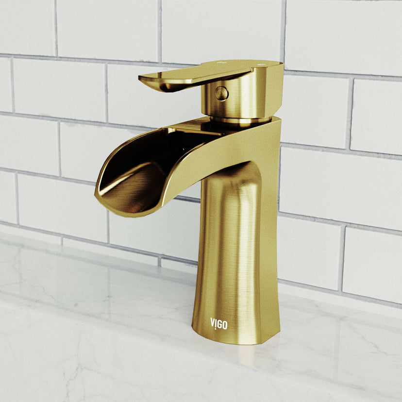 VIGO Paloma Single Handle Single Hole Bathroom Faucet in Matte Brushed Gold with waterfall spout and ergonomic handle