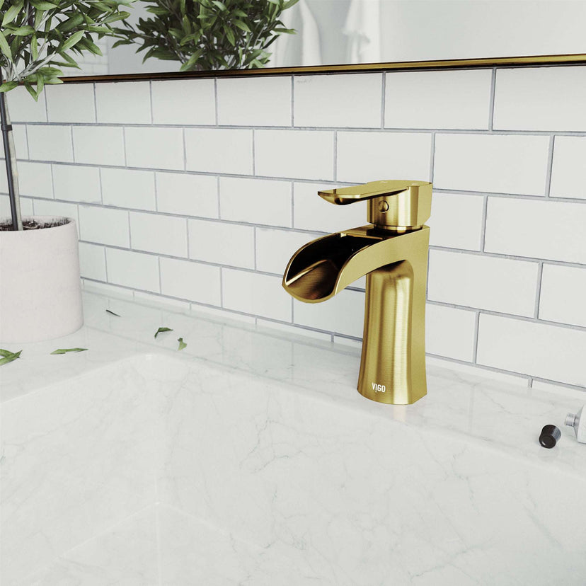 VIGO Paloma Single Handle Single Hole Bathroom Faucet in Matte Brushed Gold with waterfall spout and ergonomic handle