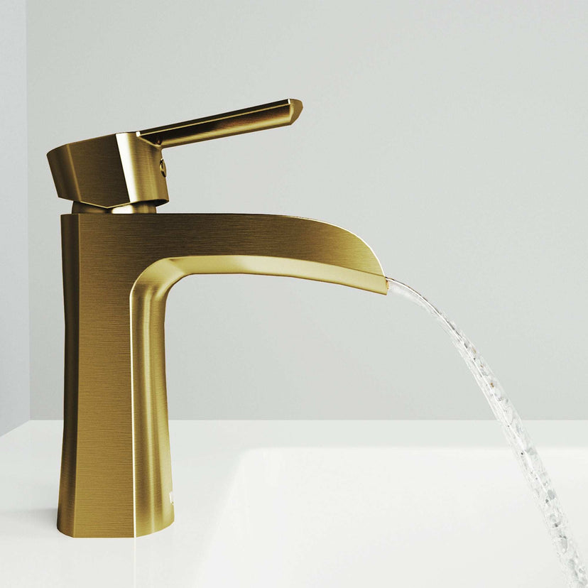 VIGO Paloma single handle single hole bathroom faucet in matte brushed gold with waterfall spout and ergonomic design