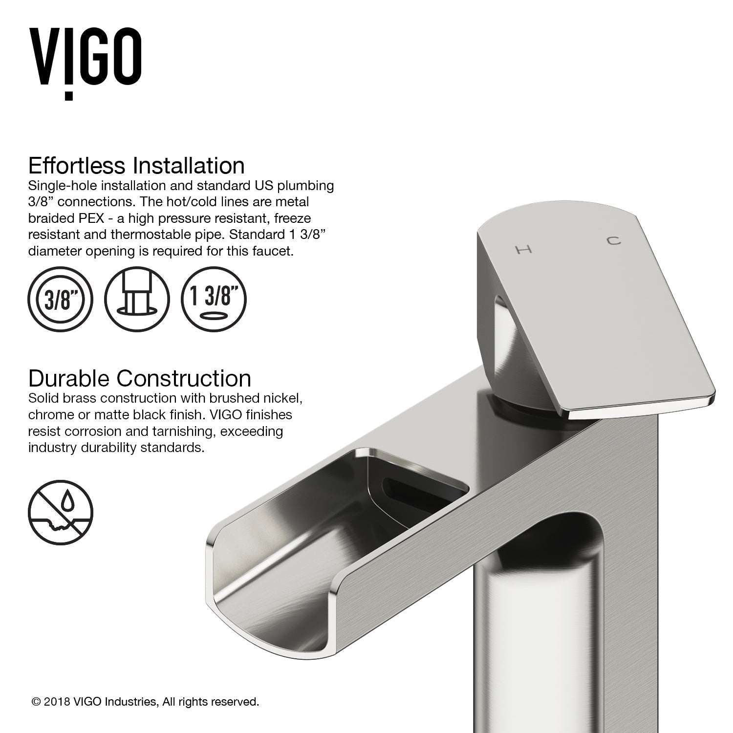 Waterfall spout faucet with fingerprint resistant brushed nickel finish