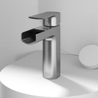 Brushed nickel single hole bathroom faucet with waterfall spout and lever handle