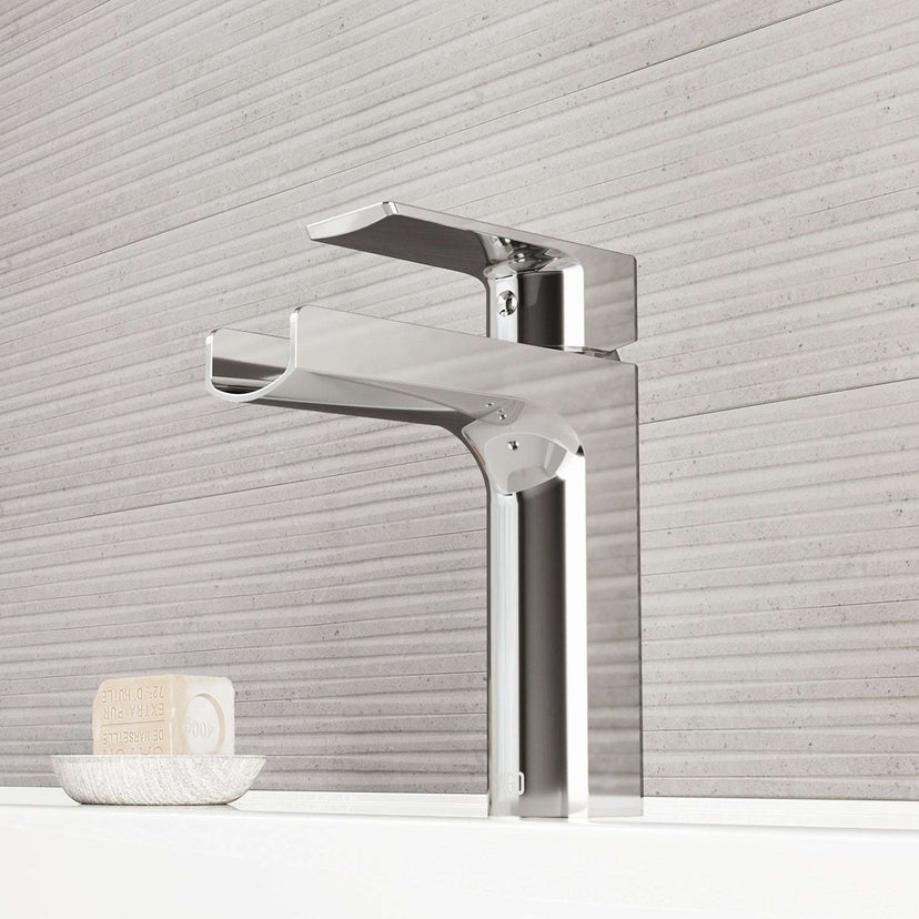 Modern deck mounted faucet with ceramic disc valve and low flow performance