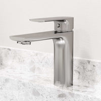 Modern deck-mounted faucet in brushed nickel with ceramic disc valve