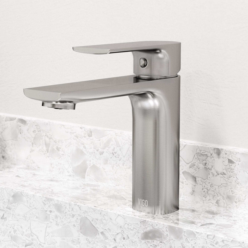 Modern deck-mounted faucet in brushed nickel with ceramic disc valve