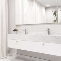 Deck-mounted faucet with mid arc spout and brushed nickel finish