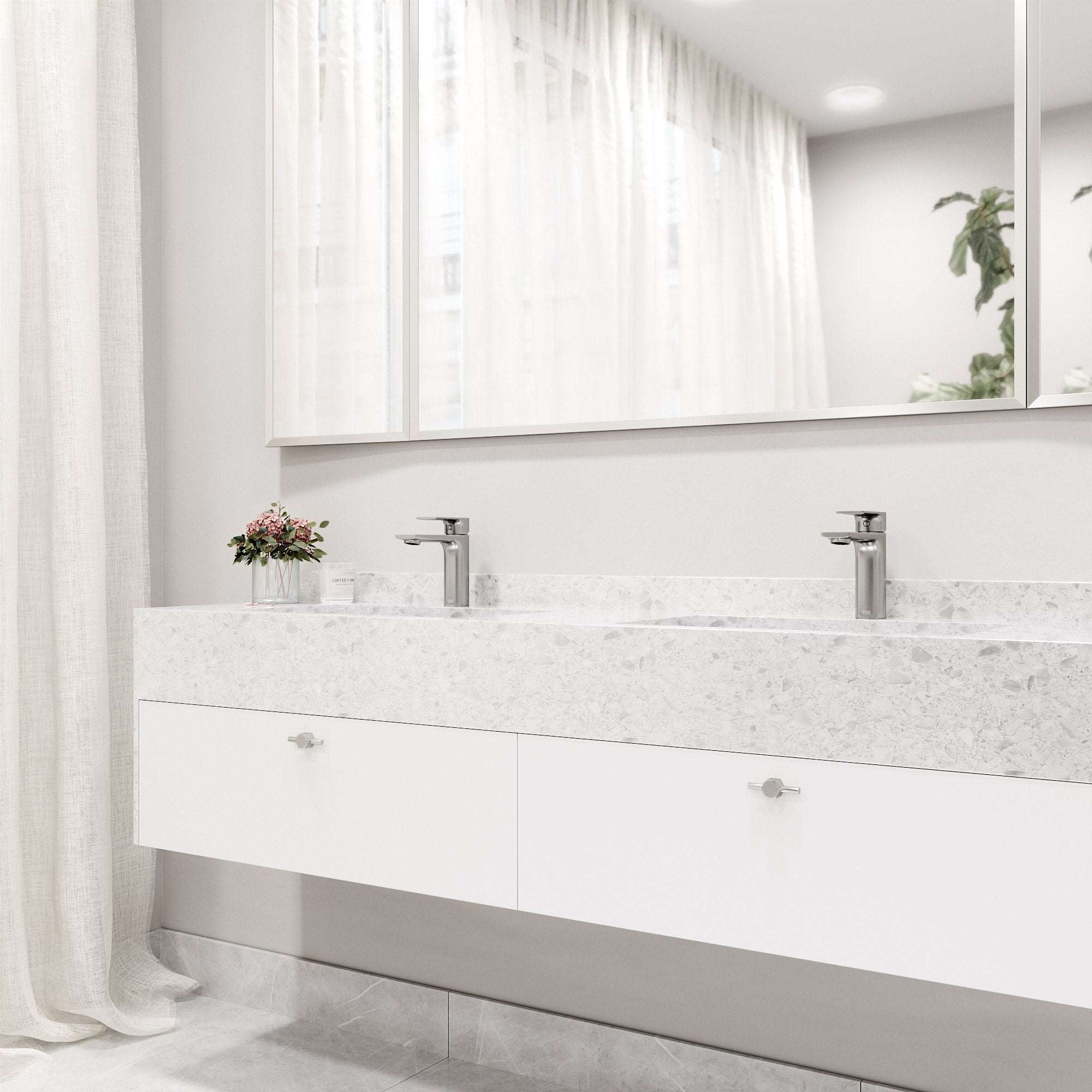 Deck-mounted faucet with mid arc spout and brushed nickel finish