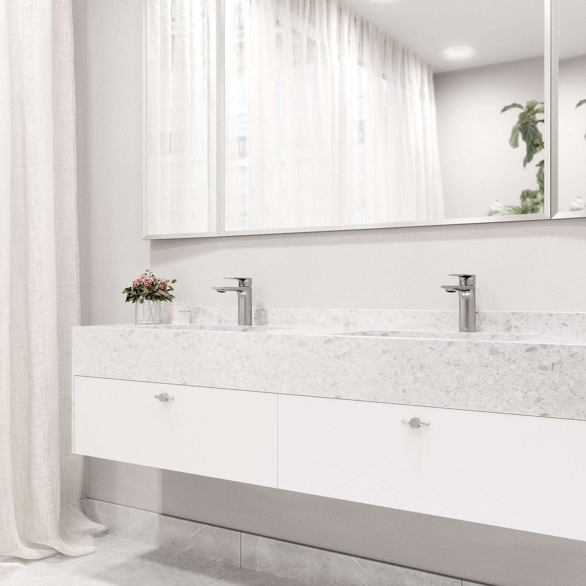 Deck-mounted faucet with mid arc spout and brushed nickel finish