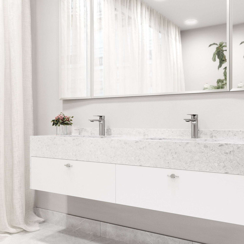 Deck-mounted faucet with mid arc spout and brushed nickel finish