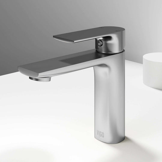 Brushed Nickel single hole bathroom faucet with lever handle and mid arc spout