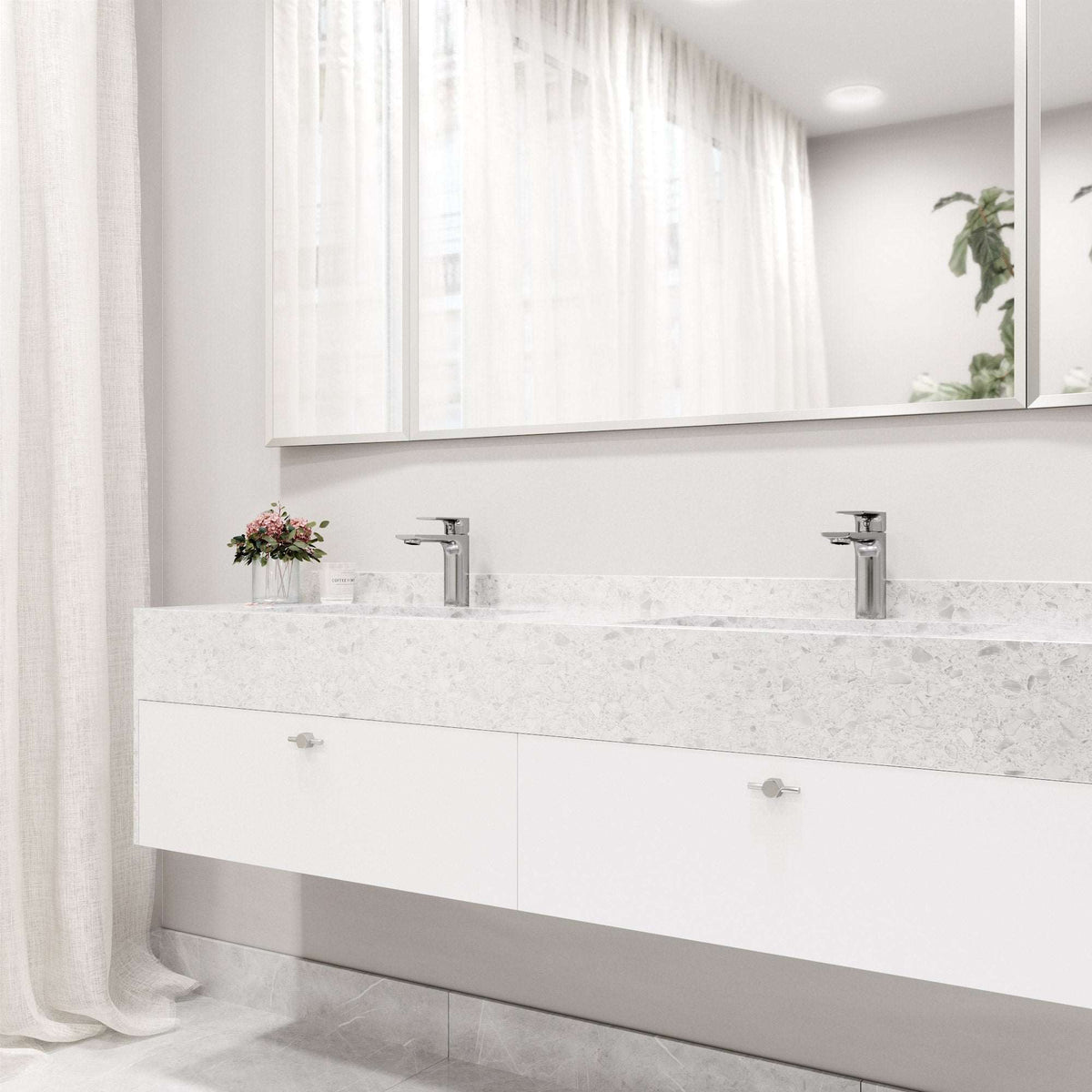 Deck-mounted faucet with mid arc spout and chrome finish