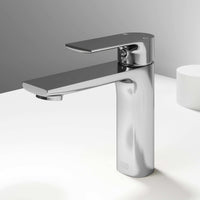 Chrome single hole bathroom faucet with lever handle and mid arc spout