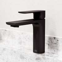 Modern deck-mounted faucet in matte black with ceramic disc valve