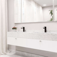 Deck-mounted faucet with mid arc spout and matte black finish