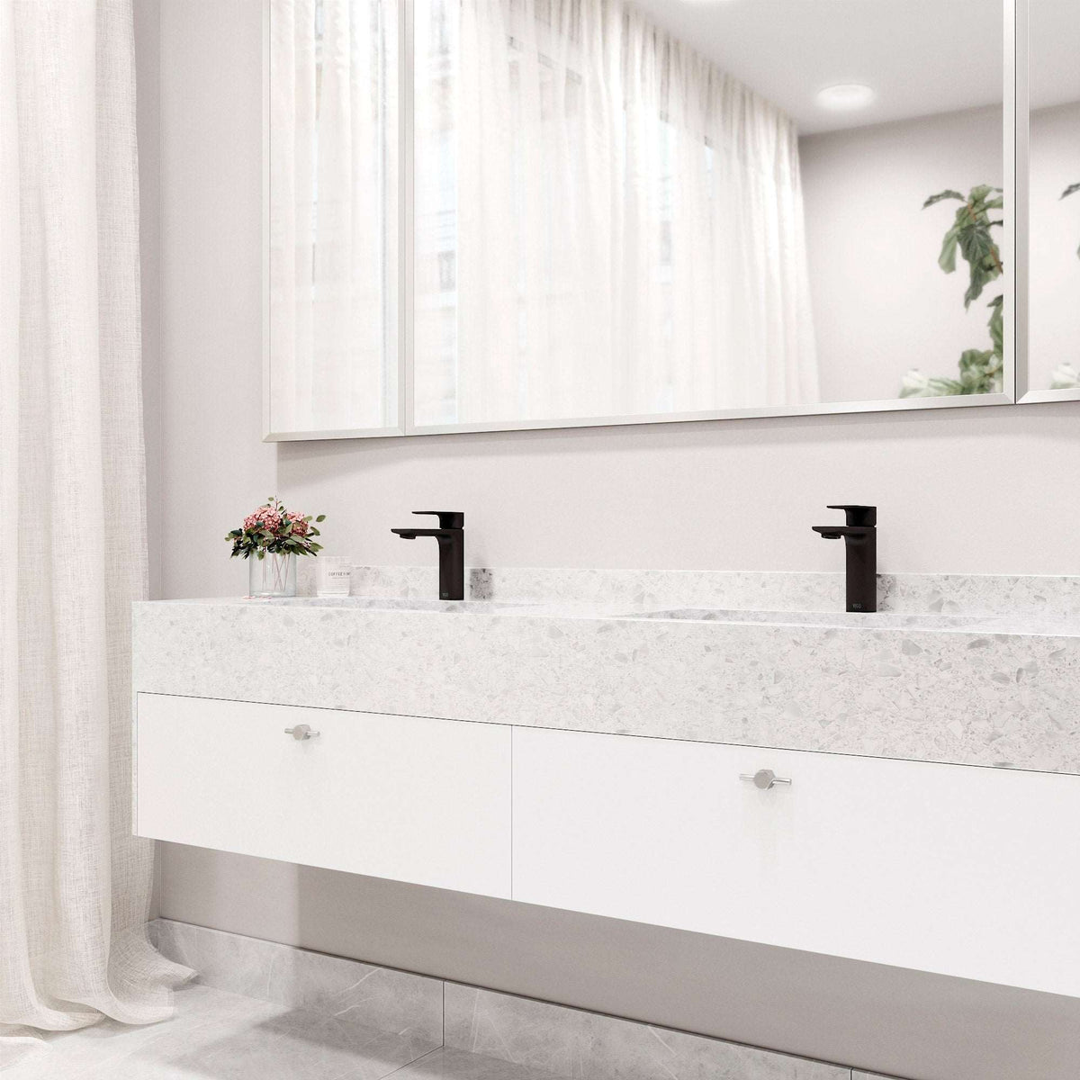 Deck-mounted faucet with mid arc spout and matte black finish