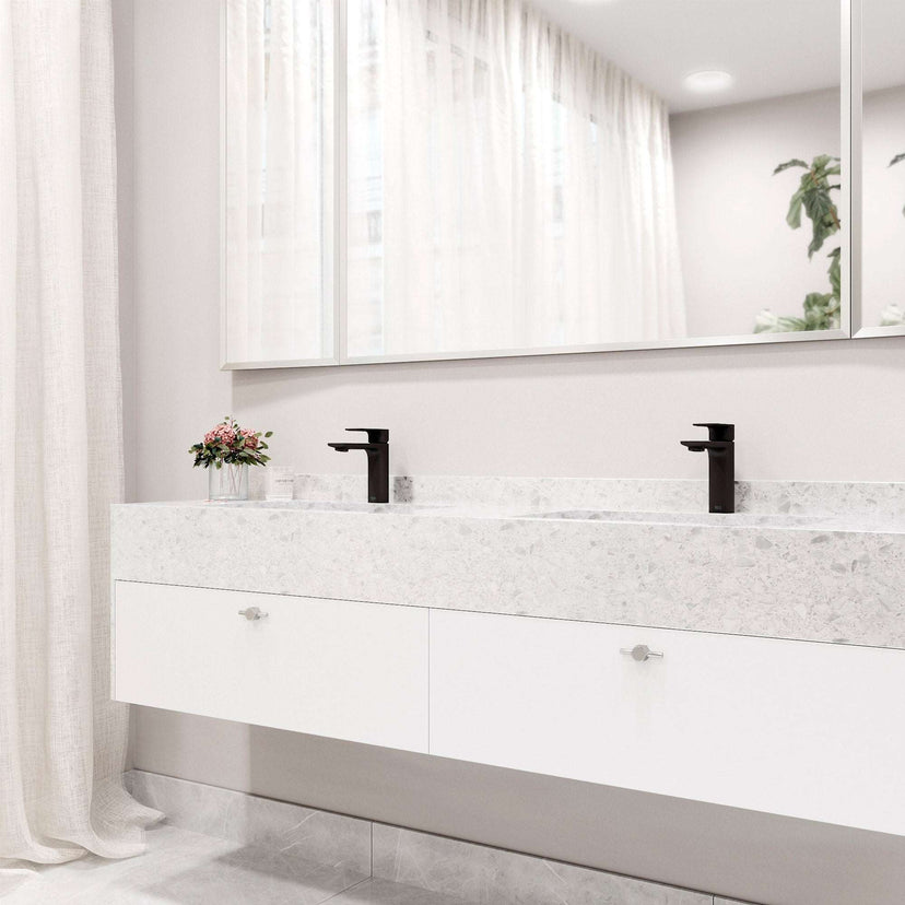 Deck-mounted faucet with mid arc spout and matte black finish