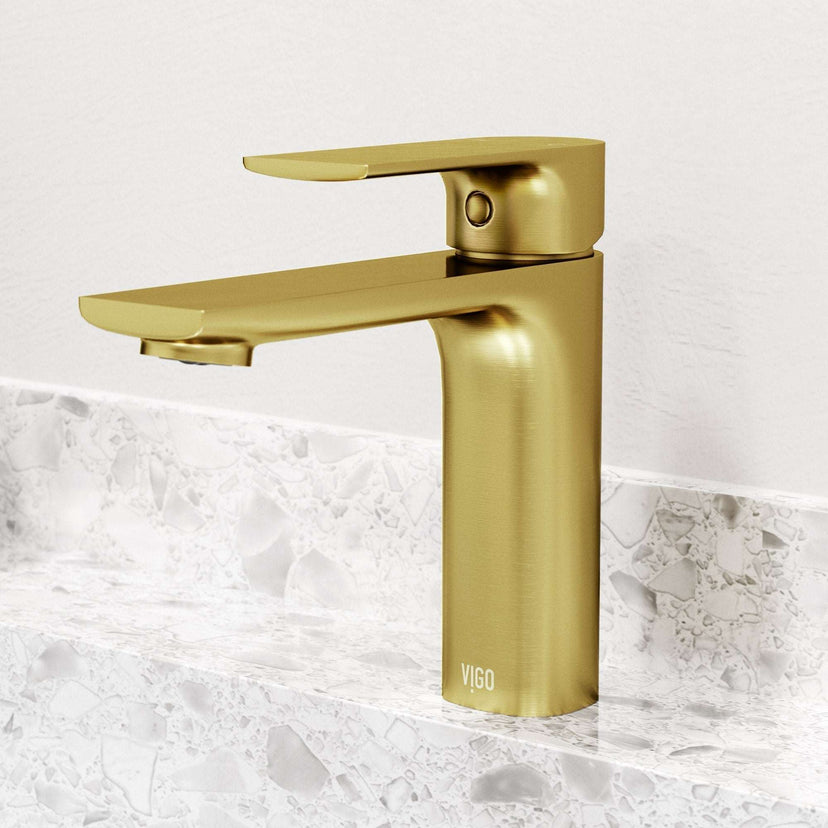Modern deck-mounted faucet in matte brushed gold with ceramic disc valve