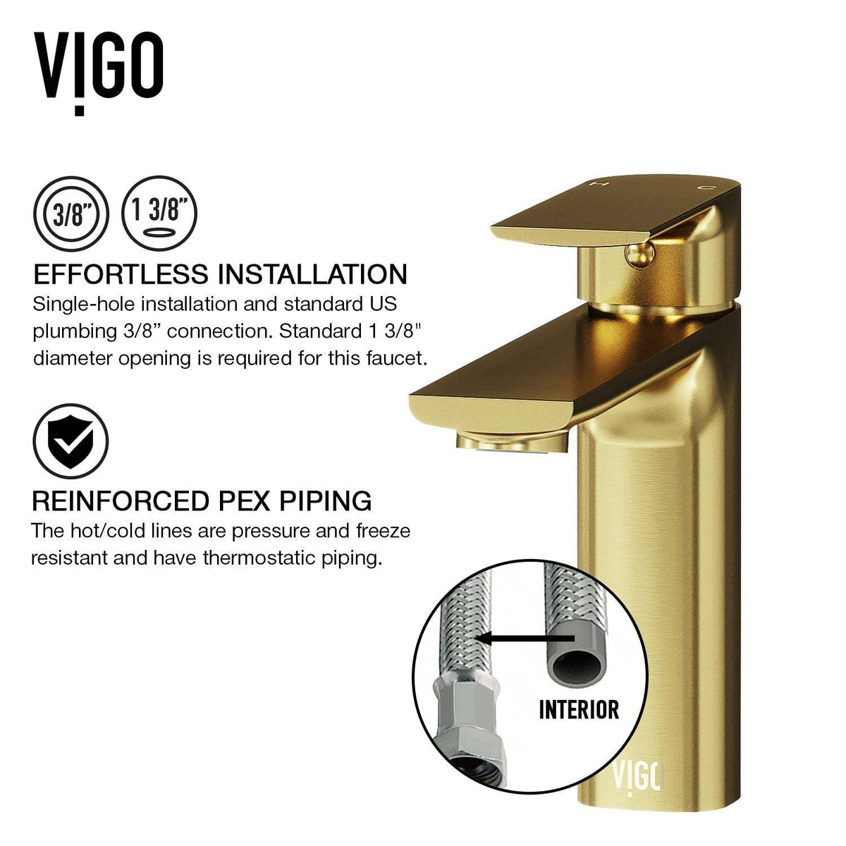 Matte brushed gold faucet with fingerprint-resistant surface and ceramic disc cartridge