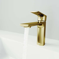 Low flow brass faucet with lever handle and warm gold finish