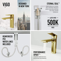 Ceramic disc valve faucet in matte brushed gold with hot/cold indicators