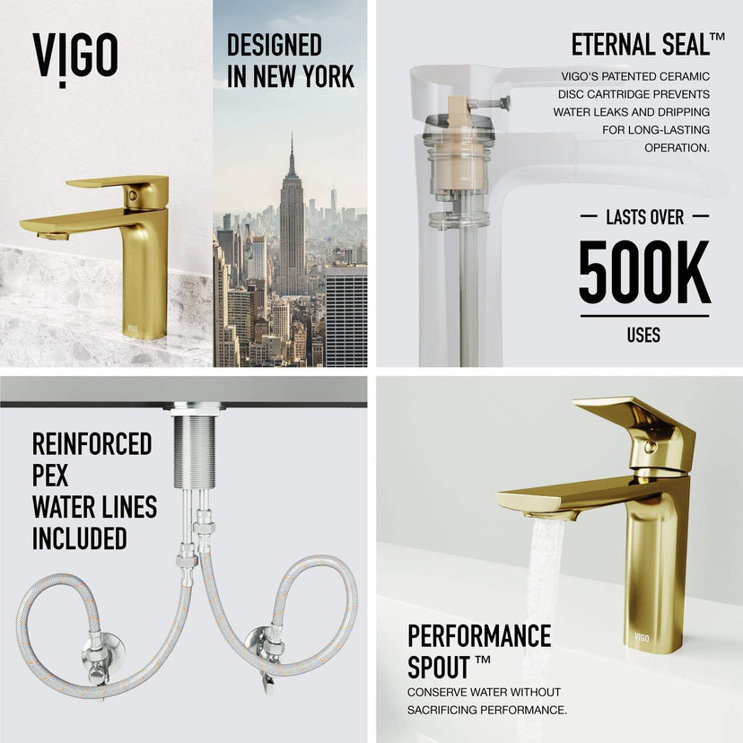Ceramic disc valve faucet in matte brushed gold with hot/cold indicators