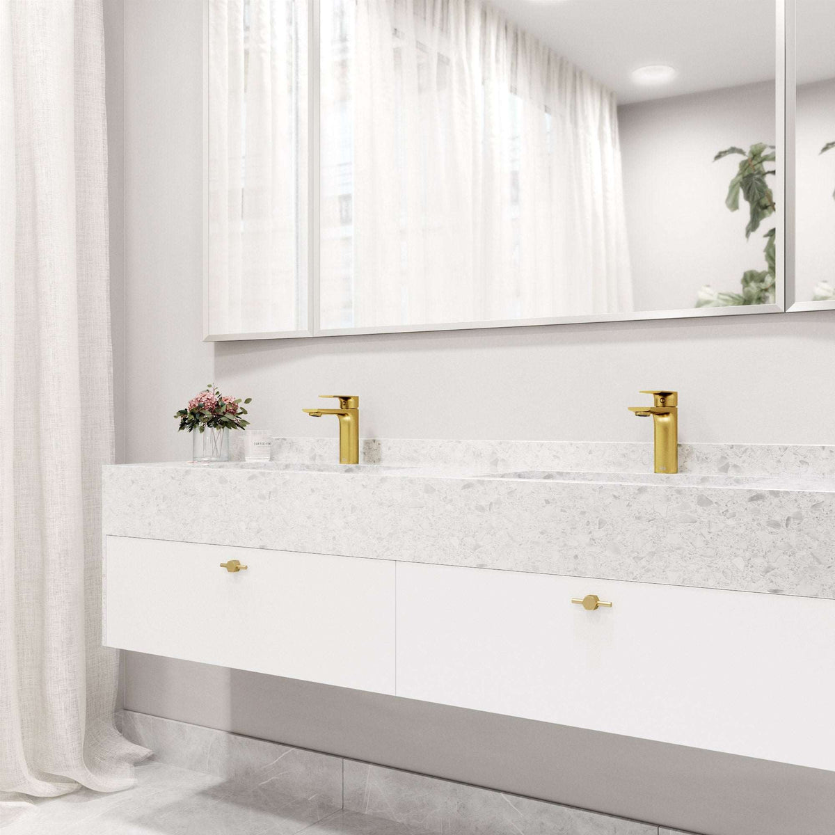 Deck-mounted faucet with mid arc spout and matte brushed gold finish