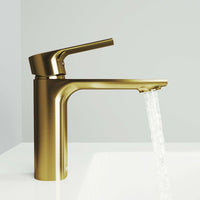 Easy-install bathroom faucet with low flow design and non-reflective gold finish