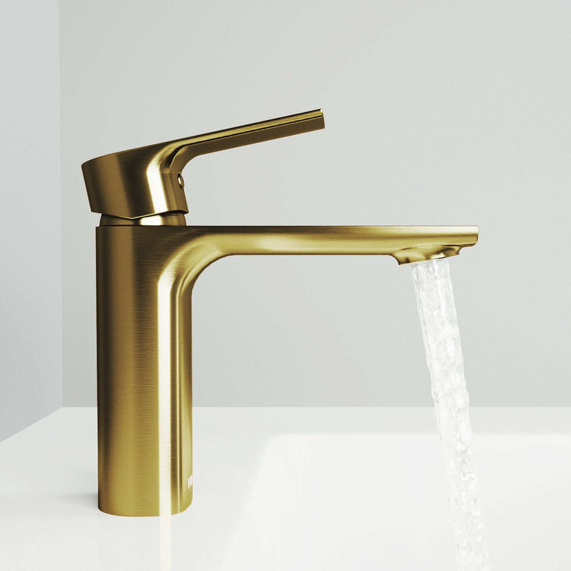 Easy-install bathroom faucet with low flow design and non-reflective gold finish