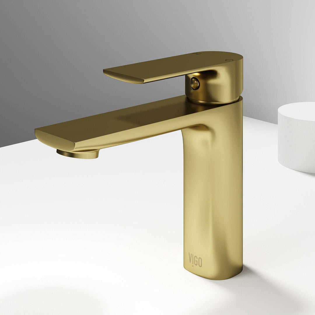 Matte Brushed Gold single hole bathroom faucet with lever handle and mid arc spout