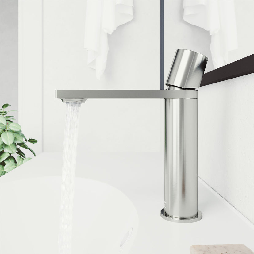 Low lead single hole faucet with brushed nickel finish and waterfall spout