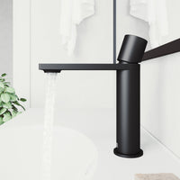 Low lead single hole faucet with matte black finish and waterfall spout