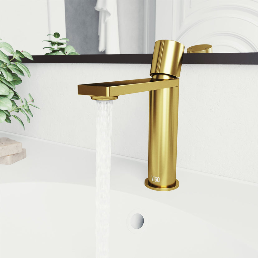 Brass bathroom faucet in matte brushed gold finish with included mounting hardware