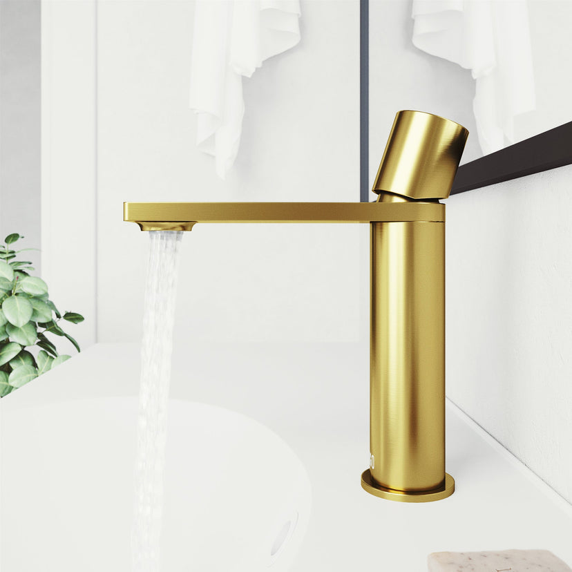 Low lead single hole faucet with matte brushed gold finish and waterfall spout
