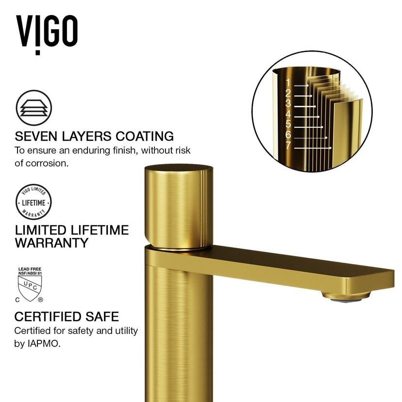 Modern contemporary bathroom faucet with matte brushed gold lever and high arc spout