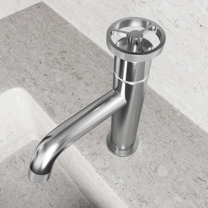 Cass 9 in. Single Hole Bathroom Faucet in chrome with angular spout and industrial wheel handle