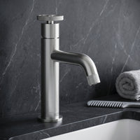 Cass 9 in. Single Hole Bathroom Faucet in chrome with angular spout and industrial wheel handle