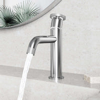 Deck-mounted single hole faucet with ceramic disk valve and brushed nickel finish