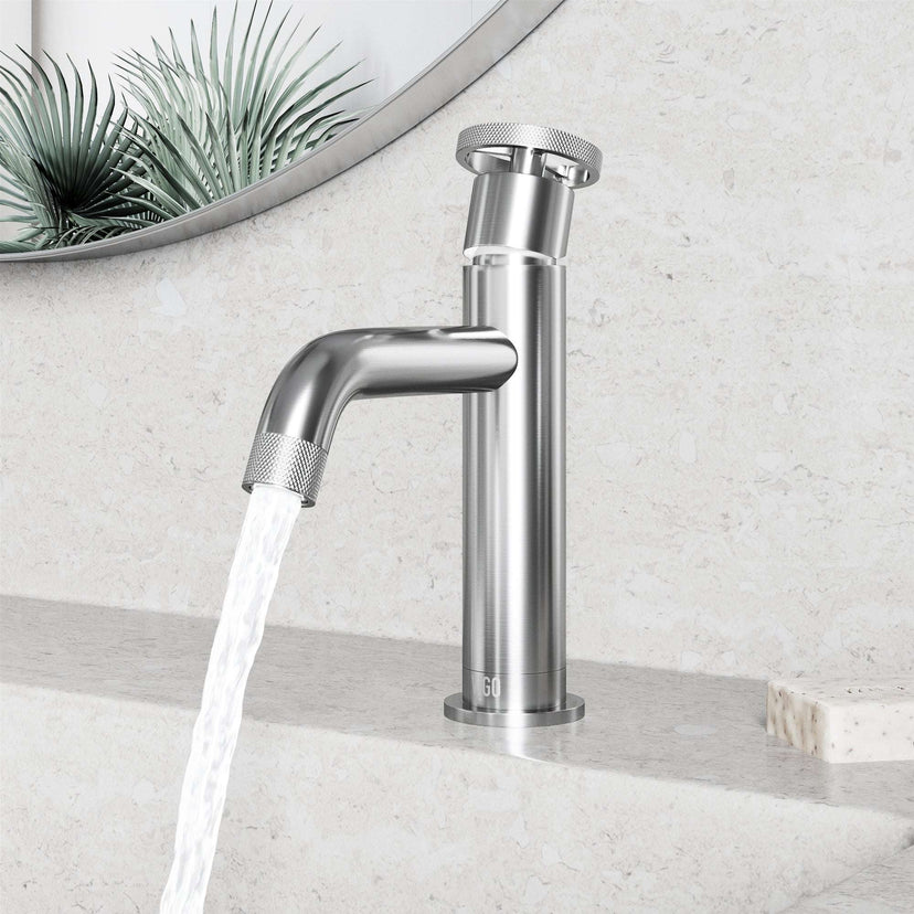 Deck-mounted single hole faucet with ceramic disk valve and brushed nickel finish