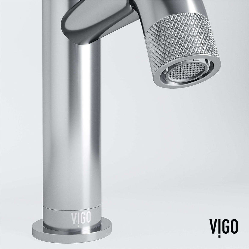 Modern deck-mounted faucet with knob handles and low flow ceramic disc cartridge