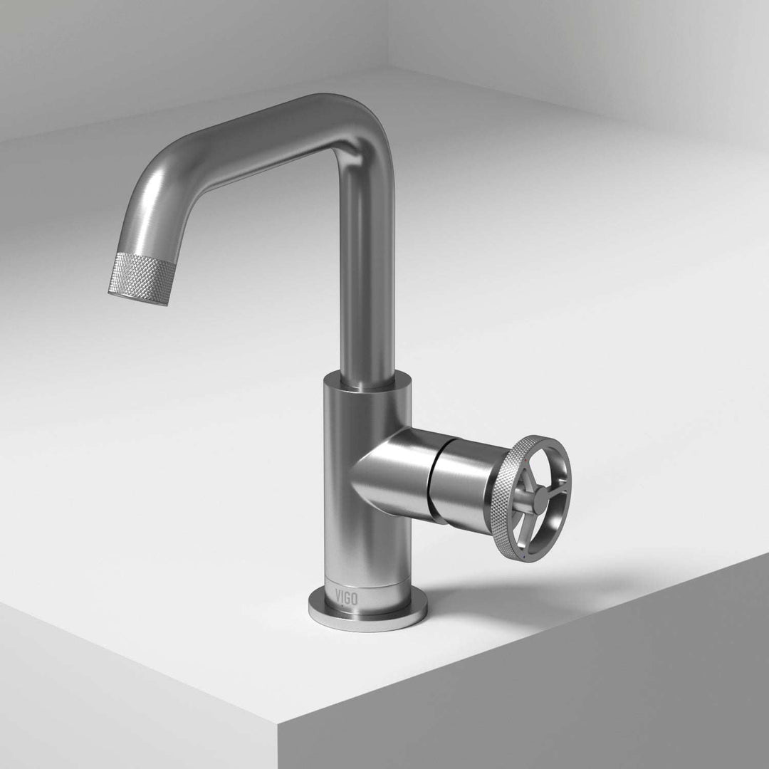 Brushed Nickel single hole bathroom faucet with high arc spout and ceramic disc valve